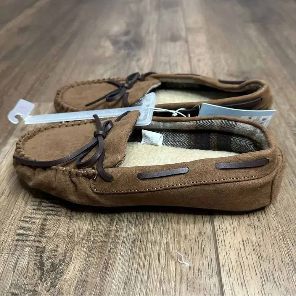 NWT!! Cat & Jack Boy's Faux Suede Brown Moccasin‎ Style Slippers, Lined, Size 5